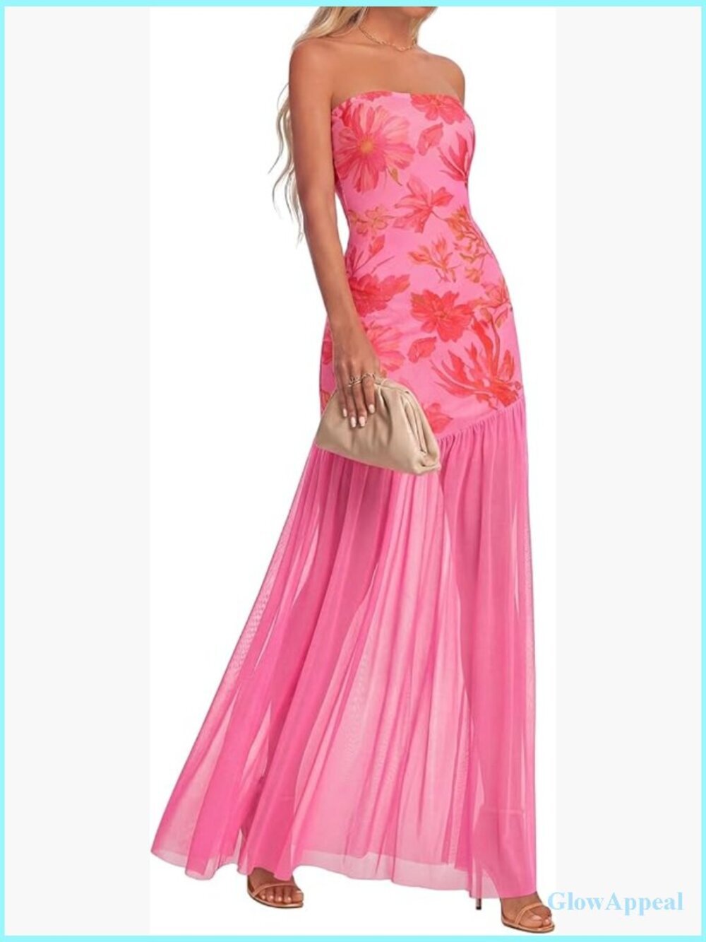 Strapless Bodycon Floral Maxi Dress Mesh Tulle Hem Cocktail Party Formal